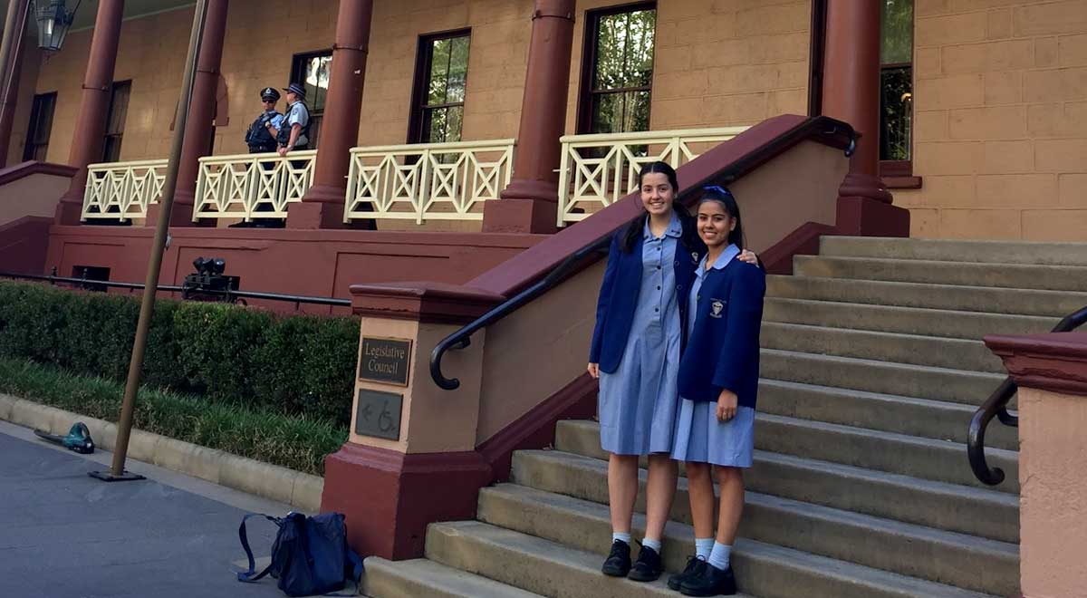 Cerdon College Merylands students on the steps of NSW Parliament house