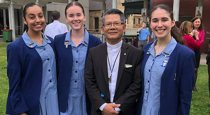 Bishop Vincent and students from Cerdon Catholic College Merrylands